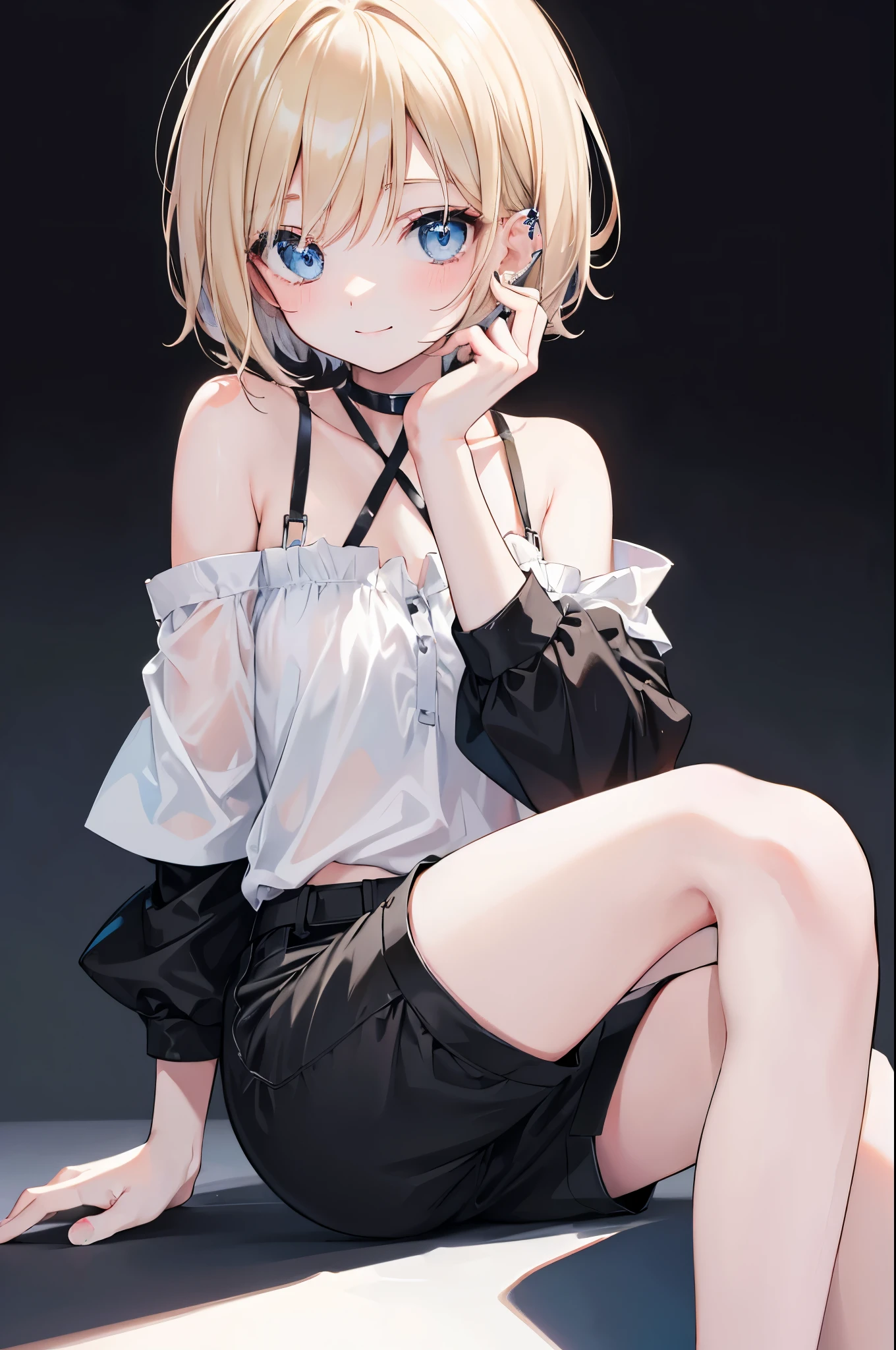 high resolution,smile,woman,woman1人,adult,cute,Medium Hair,Blonde Hair,Light blue eyes,Black off-the-shoulder blouse,Black shorts,Piercing,Black choker, Background white,Simple background,Touching your face,seductive grin smug,