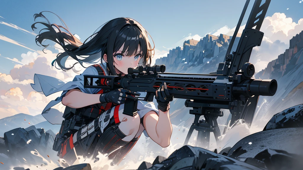 A girl shooting a Gatling gun on a rocky mountain。Highest quality。