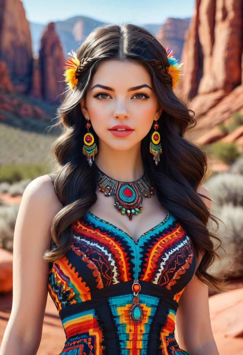 Beautiful boho women stunning merge of Masiela Lusha with colorful southwestern style dress. colorful southwestern earing and. jewelry dark-black colored hair that is coarse, wiry, and tightly curled. It often has a rough texture, feels stiff to the touch, and may be prone to frizz and tangling. The curls can be densely packed. The Official Art – An Award-Winning Digital Masterpiece In 4K Ultra HD, Extreme Detail And Intricate Realism. symmetrical face. This Concept Art Brought To Life By The Hands Of Artists Like Wlop & Artgerm In A Stunning 2D Vector Illustration. large, perky, full, vuluptious, symmetrical and spherical breasts. Background is a beautiful panoramic vista of a red rock canyon.