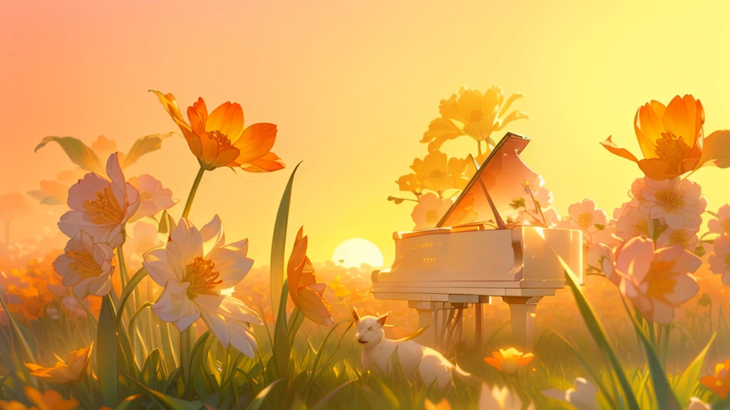 T-bokeh, Depth of written boundary, High resolution, bloom, chromatic aberration, and Intricat (figure: 1.0), A magnificent composition, Realistic lighting, HD detailed, masterpiece, Highest quality, (Highly detailed CG synthesis 8k wallpaper), (((unmanned))), sunset, Large flowers and grass, big,A large black grand piano is placed in the center.