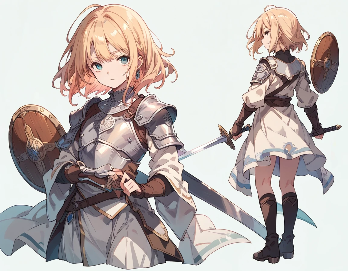 full body, 1 boy, femboy , A young adventurer, medium hair, light armor, one-handed sword, round shield, highly detailed, intricate,fantasy,(simple background:1.3), three views from front, back and side