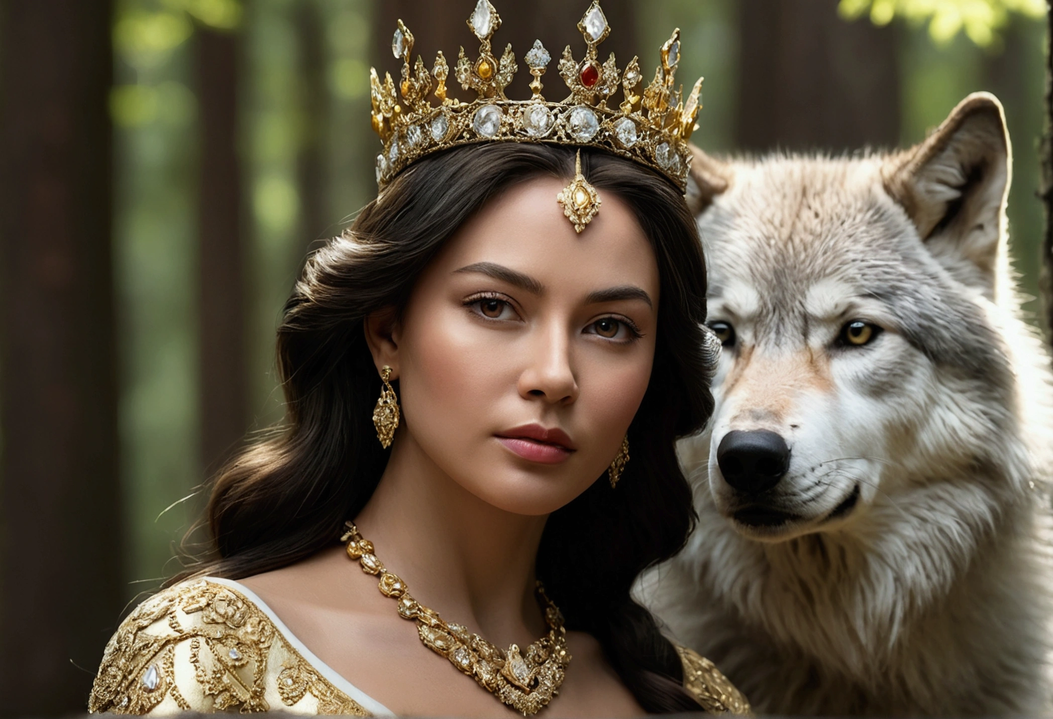 Masterpiece, beautiful queen, Wearing a crown of gold and diamonds sitting in the forest in summer, along with a large Siberian wolf, oak forest, high resolutionที่ความละเอียด 4k, Sharp focus, With extremely detailed faces and realistic visual styles., Highly detailed face, Highly detailed skin, high resolution, Realistic photos, movie light, depth of field, Bokeh