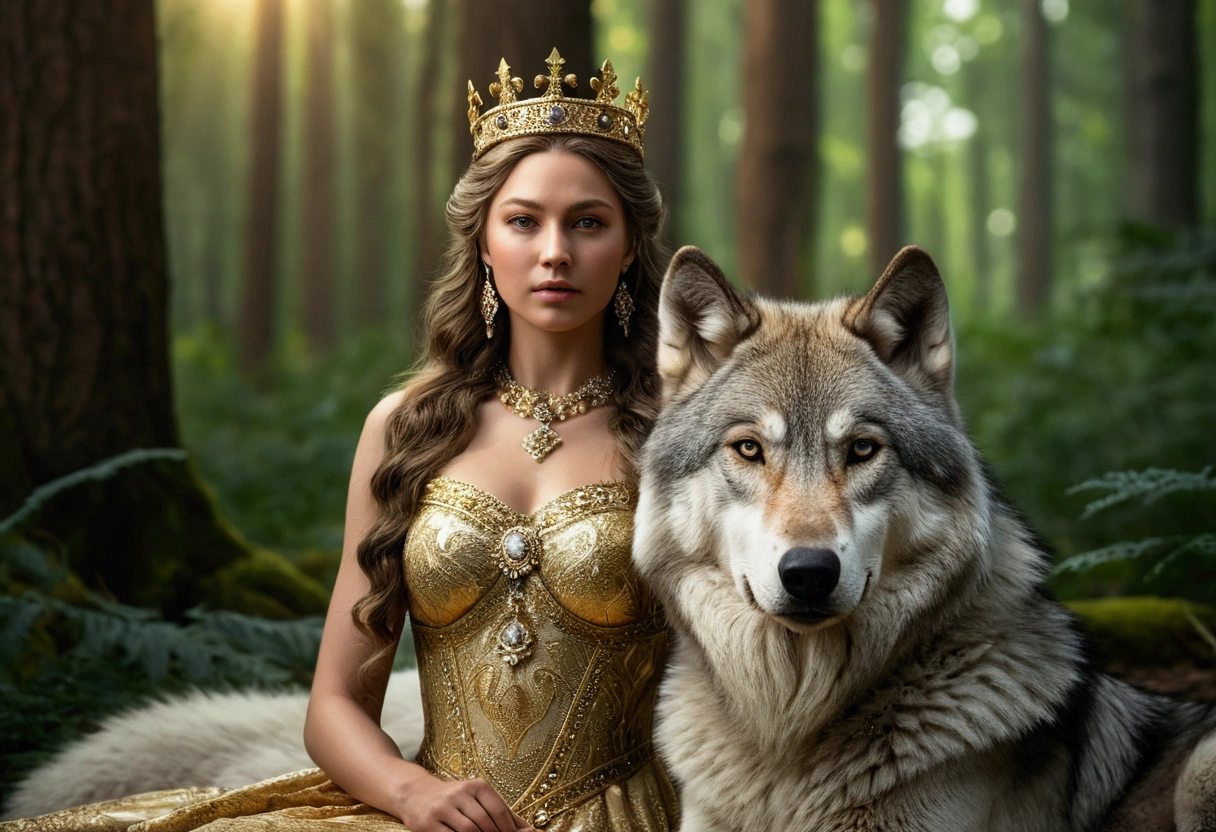 Masterpiece, beautiful queen, Wearing a crown of gold and diamonds sitting in the forest in summer, along with a large Siberian wolf, oak forest, high resolutionที่ความละเอียด 4k, Sharp focus, With extremely detailed faces and realistic visual styles., Highly detailed face, Highly detailed skin, high resolution, Realistic photos, movie light, depth of field, Bokeh