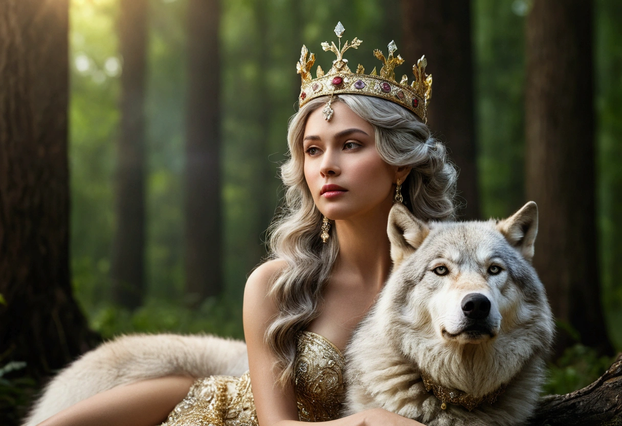 Masterpiece, beautiful queen, Wearing a crown of gold and diamonds sitting in the forest in summer, along with a large Siberian wolf, oak forest, high resolutionที่ความละเอียด 4k, Sharp focus, With extremely detailed faces and realistic visual styles., Highly detailed face, Highly detailed skin, high resolution, Realistic photos, movie light, depth of field, Bokeh