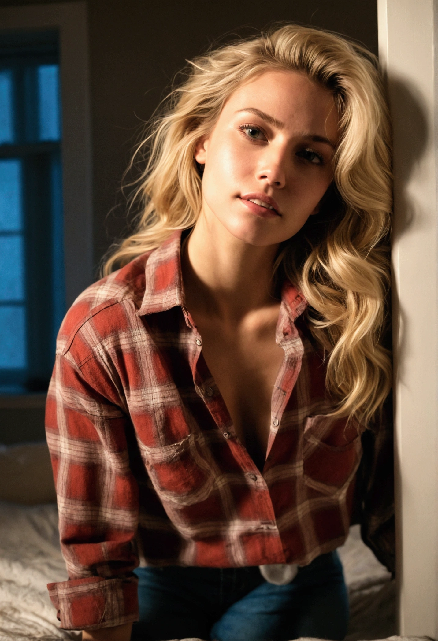 Natural photograph of a stunning blonde woman, her textured skin showing goosebumps. She has tousled, wavy blonde hair and is wearing a slightly unbuttoned flannel plaid shirt with worn-out boyfriend jeans. The scene is set in her dimly lit bedroom at night, creating an intimate atmosphere with shadows playing on the walls. She is taking a sultry mirror selfie, her perfect eyes and alluring expression drawing attention. The image, rich with 160 colors, is captured on an ARRI ALEXA 65, with a bokeh background and sharp focus on her, Her lowkey smile reveals a full set of beautiful teeth