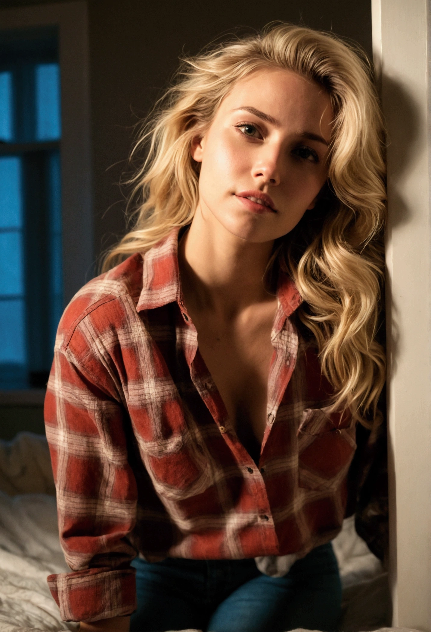 Natural photograph of a stunning blonde woman, her textured skin showing goosebumps. She has tousled, wavy blonde hair and is wearing a slightly unbuttoned flannel plaid shirt with worn-out boyfriend jeans. The scene is set in her dimly lit bedroom at night, creating an intimate atmosphere with shadows playing on the walls. She is taking a sultry mirror selfie, her perfect eyes and alluring expression drawing attention. The image, rich with 160 colors, is captured on an ARRI ALEXA 65, with a bokeh background and sharp focus on her, Her lowkey smile reveals a full set of beautiful teeth