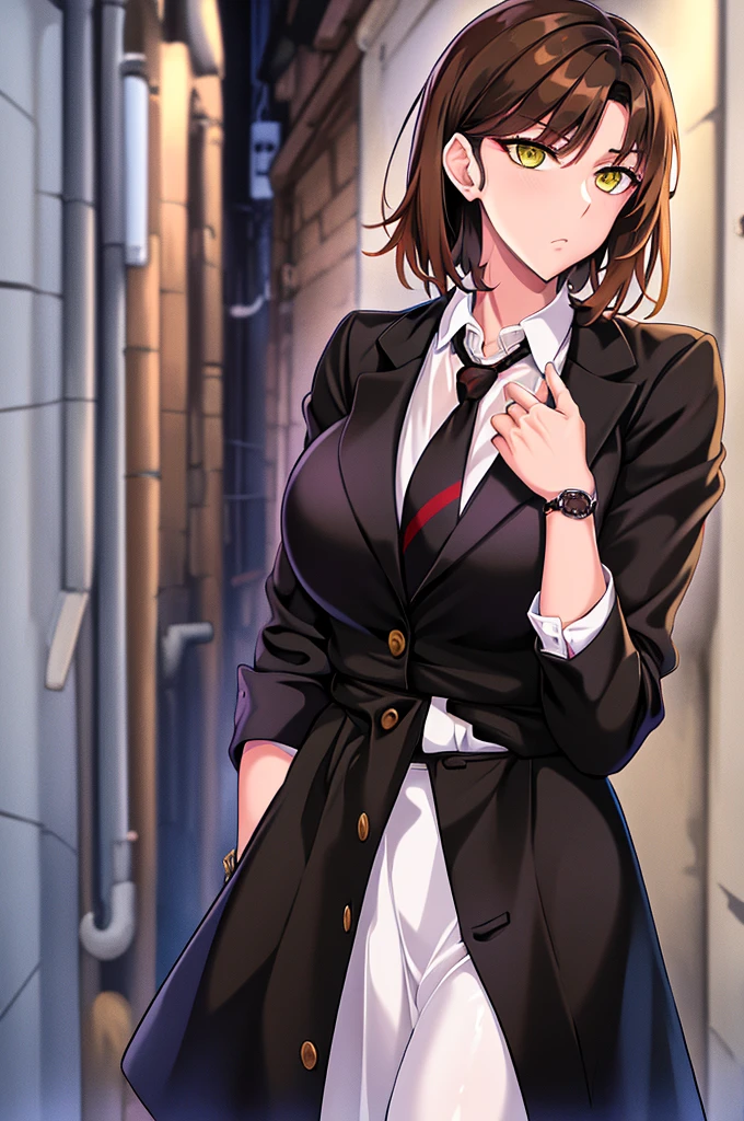 olive skin, woman, yellow eyes, looking at viewer, Short brown hair, dark alley background, solo, upper body, bags under eyes, short black jacket, a white dress shirt, a red necktie, formal black pants and black combat boots, wristwatch
