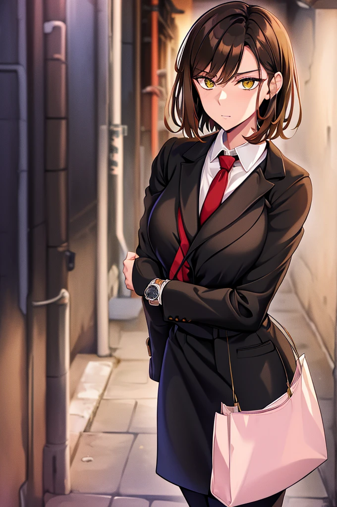 olive skin, woman, yellow eyes, looking at viewer, Short brown hair, dark alley background, solo, upper body, bags under eyes, short black jacket, a white dress shirt, a red necktie, formal black pants and black combat boots, wristwatch