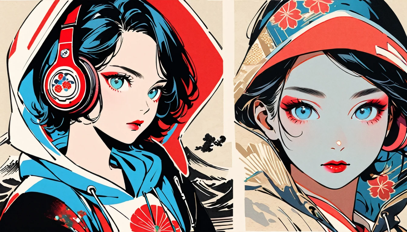 (((Ink Painting))), Fashion portrait color photos, (((1 girl))), (((Flashy makeup))), (((Japanese style headphones))), (((Japanese pattern hoodie))), (((Put on the hood))), Japan人の美少女, Black Hair, Delicate and precise, Modern ukiyo-e style,Japan, Japanese flag, red and blue neon