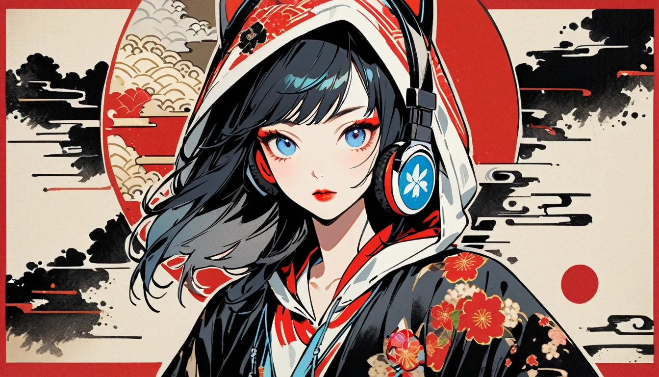 (((Ink Painting))), Fashion portrait color photos, (((1 girl))), (((Flashy makeup))), (((Japanese style headphones))), (((Japanese pattern hoodie))), (((Put on the hood))), Japan人の美少女, Black Hair, Delicate and precise, Modern ukiyo-e style,Japan, Japanese flag, red and blue neon