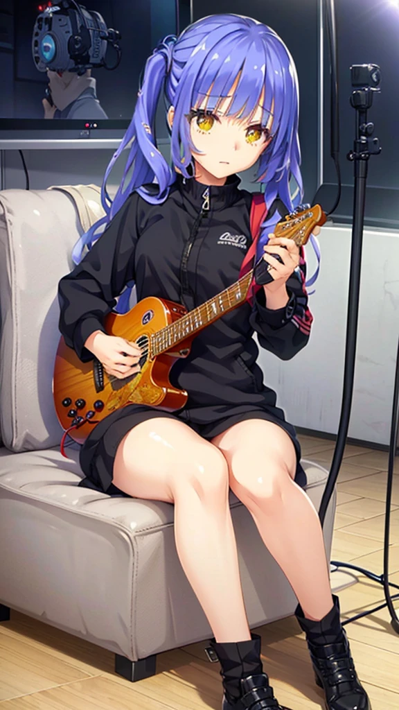 ((masterpiece)),(best quality),Official Art,Extremely detailed CG,Unity 8K wallpaper,Very detailed,Beautiful and delicate eyes,Extremely detailed face,1 girl,solitary,,(whole body:1.5),autumn，Black and white jacket，Sitting in the recording studio of Yuzu Society，Playing guitar seriously