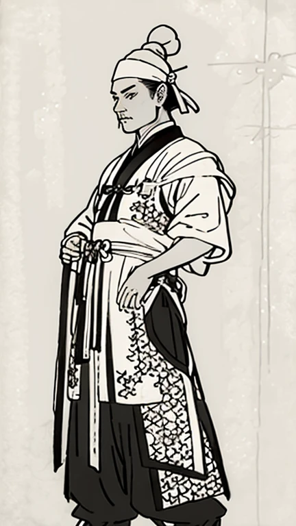(((Monochrome)))、(((Ink Painting)))、((ancient china、Handsome man with a bun and a white swimming cap))、Hands on hips、Line art、Oriental、Ultra-high resolution、Game Poster、Crisp and beautiful image quality、whole body ,(ancient china鎧, Dragon head on shoulder, (ancient china鎧 with intricate pattern:1.2), gloves, Long trousers, (Very detailed, bloom:1.5), (Highest quality, Concept Art, 4K), (analog:1.2), (high sharpness), (Detailed pupil:1.1), Detailed face and eyes, masterpiece, Highest quality,8k, (Black Hair, Dynamic Short Hair), (PurerosFace_v1:0.2), [:(Detailed face:1.2):0.2], sharp, Realistic Shadows,  