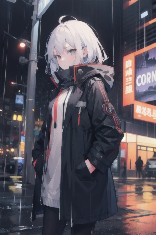 1girl,night city,rain,coat,hands in pockets