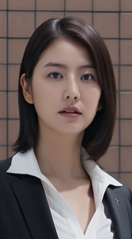 (masterpiece, best quality), soothing tones, muted colors, high contrast, natural skin texture, soft light, sharp, looking at viewer, Nature soft drop breasts, pale skin, transparent and delicate face, bare face, without makeup, nsfw,
cement brick wall background ,old cement wall background, half body photo, dark theme ,(business shirt:1.2), open shirt,