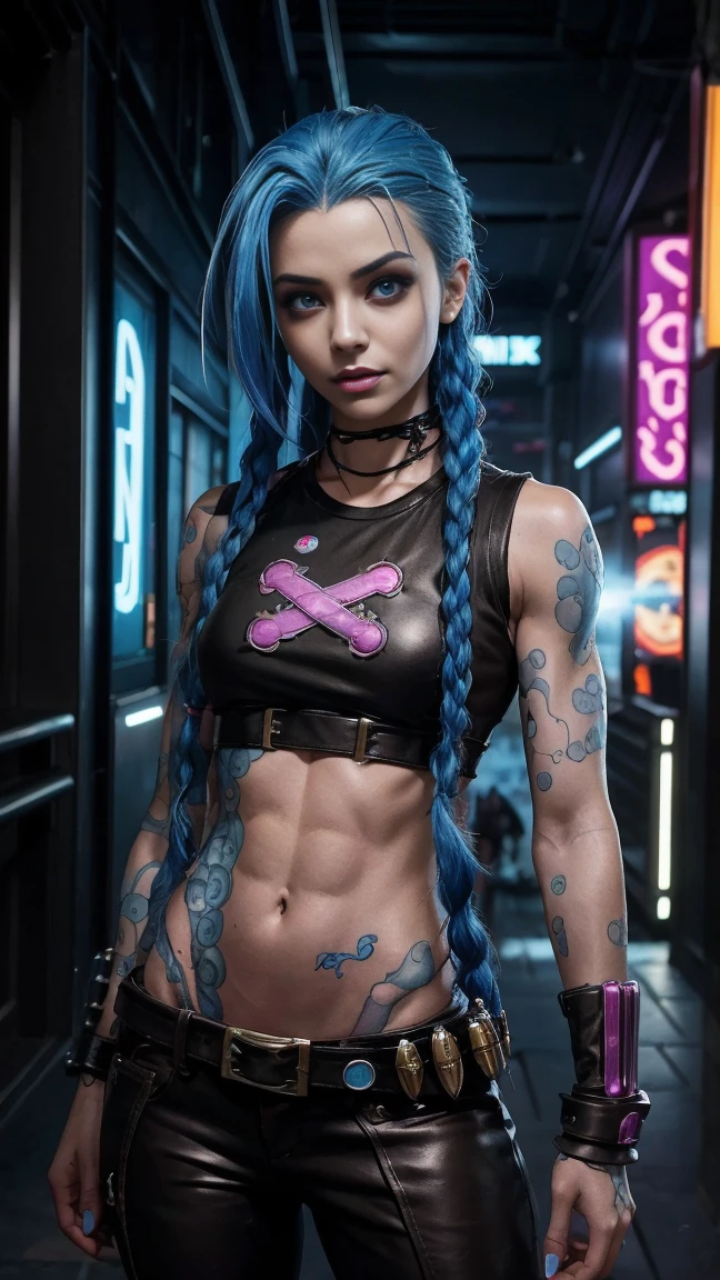 jinx arcane, uma mulher com hair blue e tatuagens, cyberpunk woman anime woman, pants, Beautiful angry cyberpunk goddess, cyberpunk artstyle, cyberpunk anime digital art, cyberpunk anime art, Arcane Jinx Retrato, cyberpunk anime art, cyberpunk themed art, cyberpunk dark fantasy, arcane style, 1 girl, cloud tattoo no braço, asymmetrical bangs, range, hair blue, blue braids, brown shirt, cloud tattoo, sideways, hair blue, long hair, pink eyes, Red lips, standing , cloud tattoo, twin braids. Jinx de arcano. Jinx em um lugar em chamas, spark, spheres of light, movie poster, Jinx, Arcane\(league of legends\