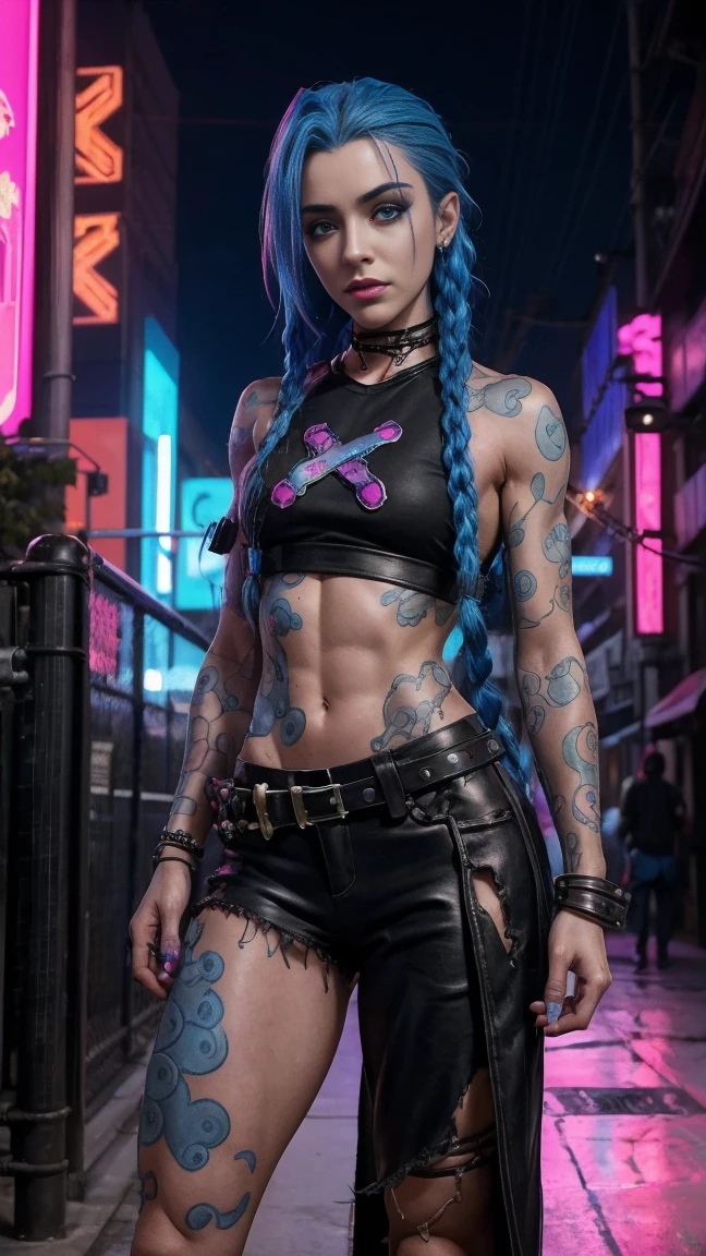 jinx arcane, uma mulher com hair blue e tatuagens, cyberpunk woman anime woman, pants, Beautiful angry cyberpunk goddess, cyberpunk artstyle, cyberpunk anime digital art, cyberpunk anime art, Arcane Jinx Retrato, cyberpunk anime art, cyberpunk themed art, cyberpunk dark fantasy, arcane style, 1 girl, cloud tattoo no braço, asymmetrical bangs, range, hair blue, blue braids, brown shirt, cloud tattoo, sideways, hair blue, long hair, pink eyes, Red lips, standing , cloud tattoo, twin braids. Jinx de arcano. Jinx em um lugar em chamas, spark, spheres of light, movie poster, Jinx, Arcane\(league of legends\