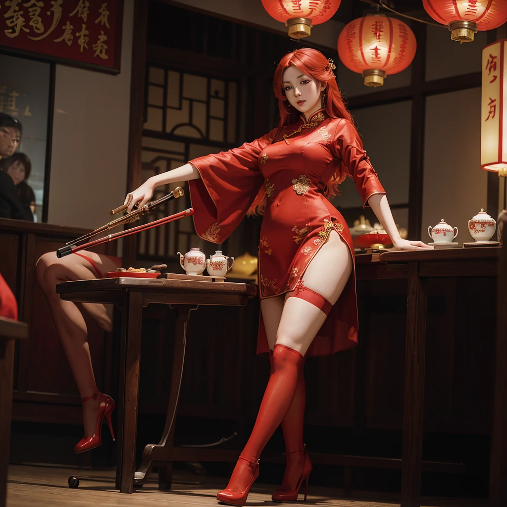 Beautiful picture, high detail, beautiful, (big breasted young woman with long red hair and bright red eyes), (wearing a red cheongsam, black stockings and high heels), holding an erhu, playing an erhu, Chinese restaurant.