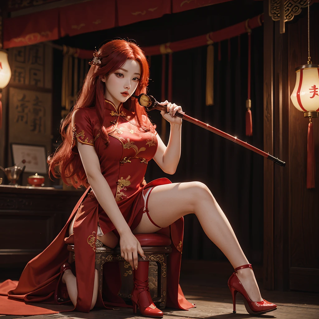 Beautiful picture, high detail, beautiful, (big breasted young woman with long red hair and bright red eyes), (wearing a red cheongsam, black stockings and high heels), holding an erhu, playing an erhu, Chinese restaurant.