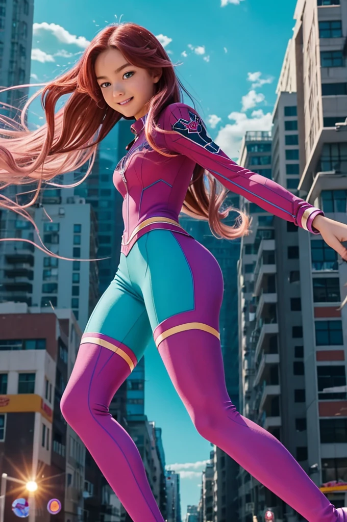 Screenshot.
Boku no Hero Academia style.
Young teenager.
Slightly pink skin.
Very long wavy scarlet hair.
Almond-shaped eyes of bright turquoise color.
Long eyelashes.
Slim figure.
Thin waist.
Very beautiful and attractive.
Use the blue and violet spider woman suit.
Wear turquoise ballet flats.
He swings from buildings using spider webs that come out of his hands.
In the city.
Confident smile.
Full body profile view.