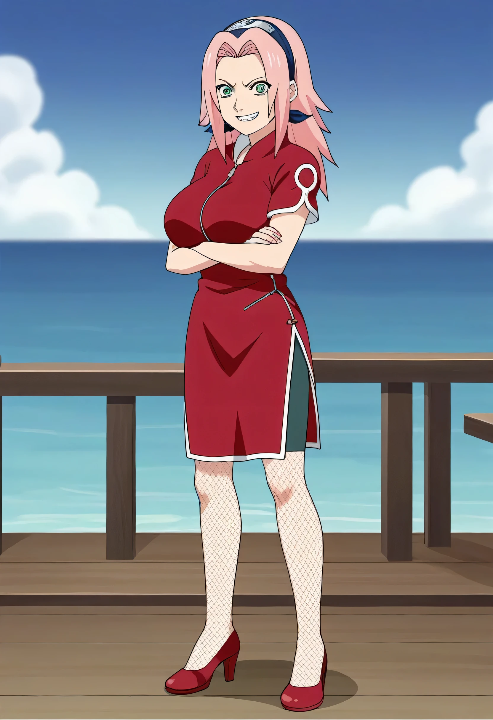 score_9, score_8_up, score_7_up, score_6_up, score_5_up, score_4_up, BREAK, source_anime, 1girl, haruno sakura, pink hair, long hair, green eyes, red shirt, red qipao, huge breasts, wearing fishnets, red heels, short sleeves, arms crossed over chest, smile, full body, looking at viewer, solo, anime screencap, anime coloring, simple anime screencap, anime coloring, ocean and beach background, evil facial expression, standing on wooden docks leading out to water, front view, arms crossed, subject on the left most possible side of photo, show full body, view from a distance, red heels, put temari right side of the photo almost out of frame as much as possible, have view from a distance, side view angle, night time, big breasts, wicked evil facial expression, evil smirk, very evil facial expression sleeves, bike shorts, eyes detailed, fishnets on legs, kunai blade in one hand, night setting, manically evil expression showing teeth, holdinf kunai blades, view from the side angle POV