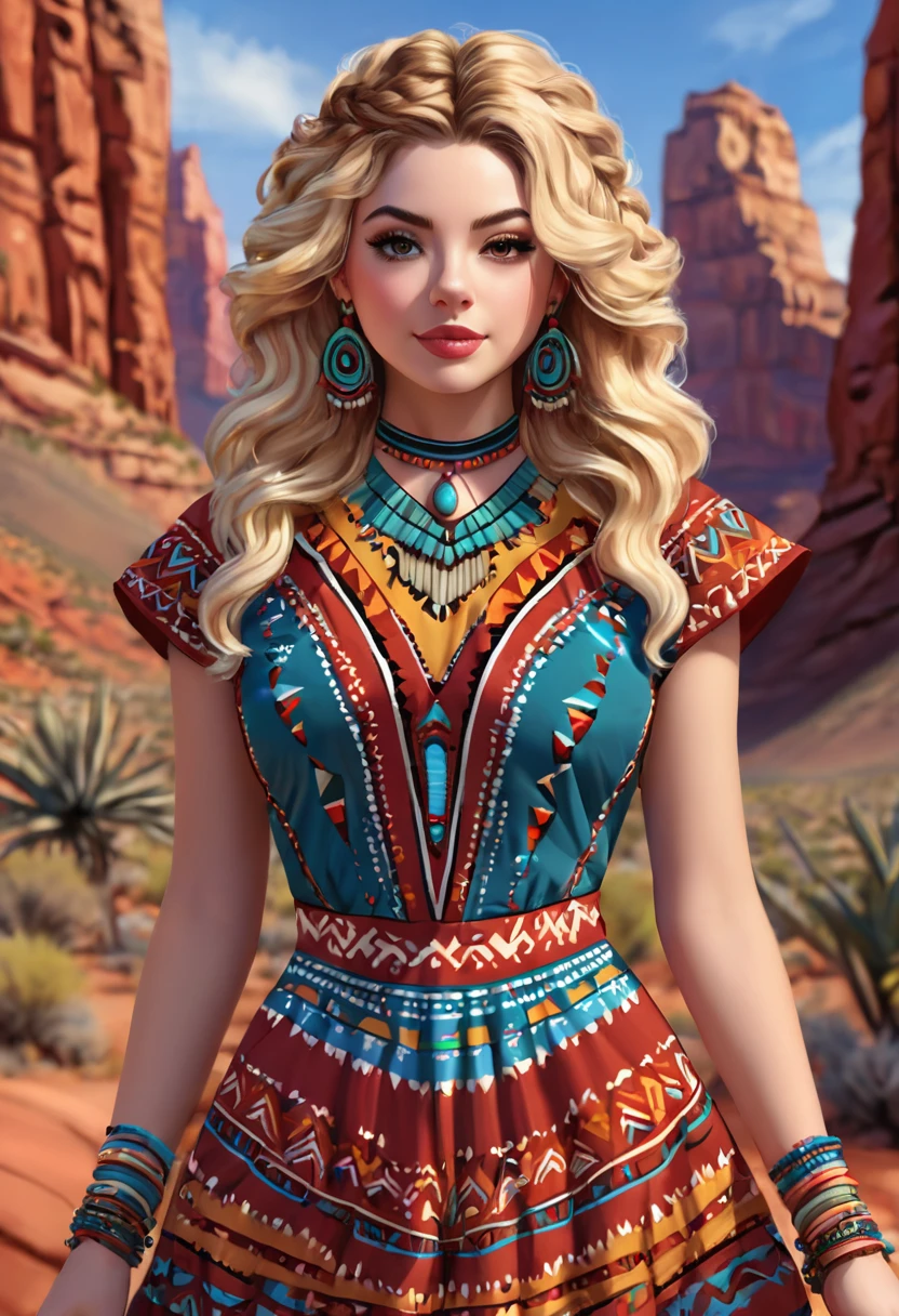 Beautiful boho women stunning merge of Masiela Lusha with colorful southwestern style dress. colorful southwestern earing and. jewelry blonde colored hair that is coarse, wiry, and tightly curled. It often has a rough texture, feels stiff to the touch, and may be prone to frizz and tangling. The curls can be densely packed. The Official Art – An Award-Winning Digital Masterpiece In 4K Ultra HD, Extreme Detail And Intricate Realism. symmetrical face. This Concept Art Brought To Life By The Hands Of Artists Like Wlop & Artgerm In A Stunning 2D Vector Illustration. large, perky, full, vuluptious, symmetrical and spherical breasts. Background is a beautiful panoramic vista of a red rock canyon.