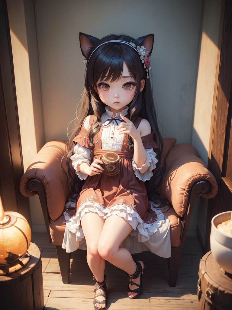 (((masterpiece、Highest quality、High resolution、Super detailed description、)))、(Chibi character's daughter:1.6)、3 heads、White Bob、Red Witch Hat、Luxury camisole with red frills、Red, transparent knee socks、Rose Charm、smile、Full body standing、Alone、sitting at the church altar、(((Chubby、Big Breasts、very lush udder、Big Ass、)))、Red High Heels、Cat ears headband、