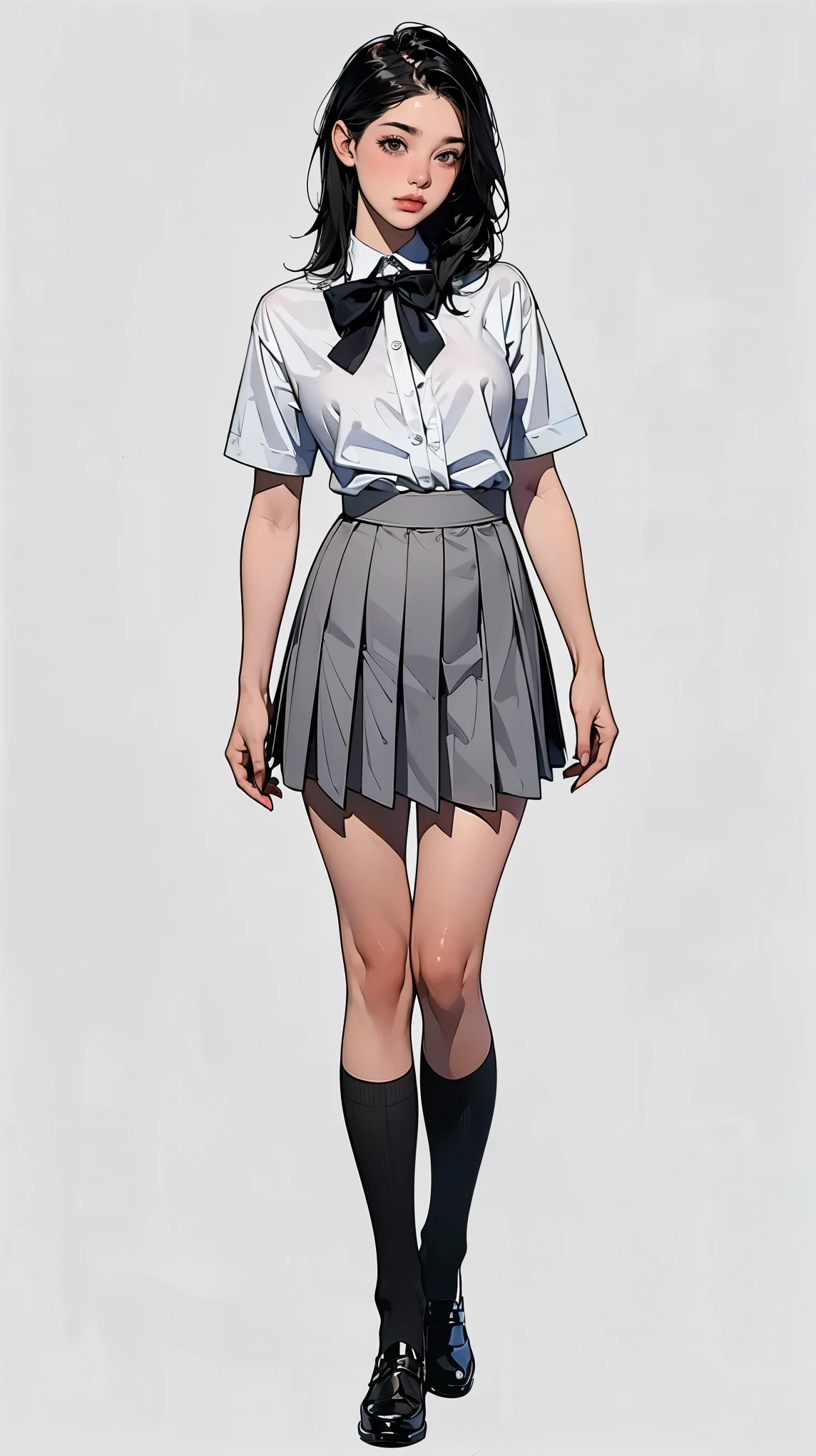 ((best quality,4k,highres,masterpiece:1.2)),((character concept art)), 1 female, teenage female, 15-year-old Asian beauty queen, ((black shoulder-length hair)), black hair, (fair skin colour), ultra finely detailed eyes (black eyes colour), innocent, beautiful, , slim body build, ((intricate detail)), super finely detailed hands, ultra finely detailed fingers(((ten fingers))), wearing white short sleeves school shirt with bowtie, gray school skirt, knee-length school socks, and black school loafers, (standing casually), (full body showcase), (show full body), (no logos on background), (no logo), ((plain background)), ((plain background)), (((empty background)))