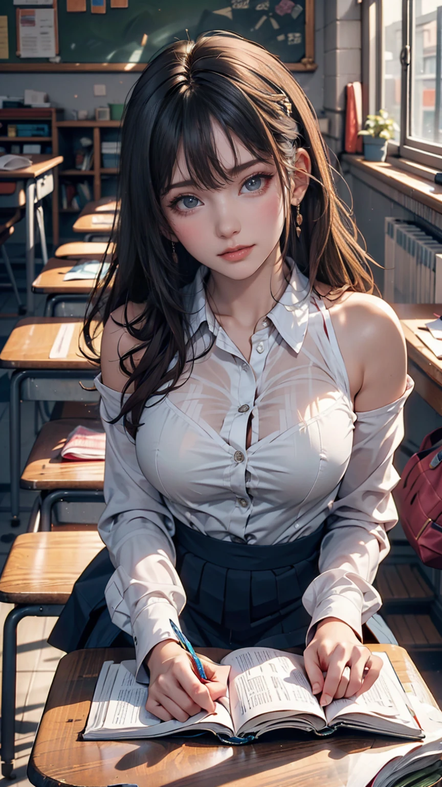 masterpiece, Highest quality, One girl, View your viewers, one piece,, Nami OP, , School, School desk,, alone,  