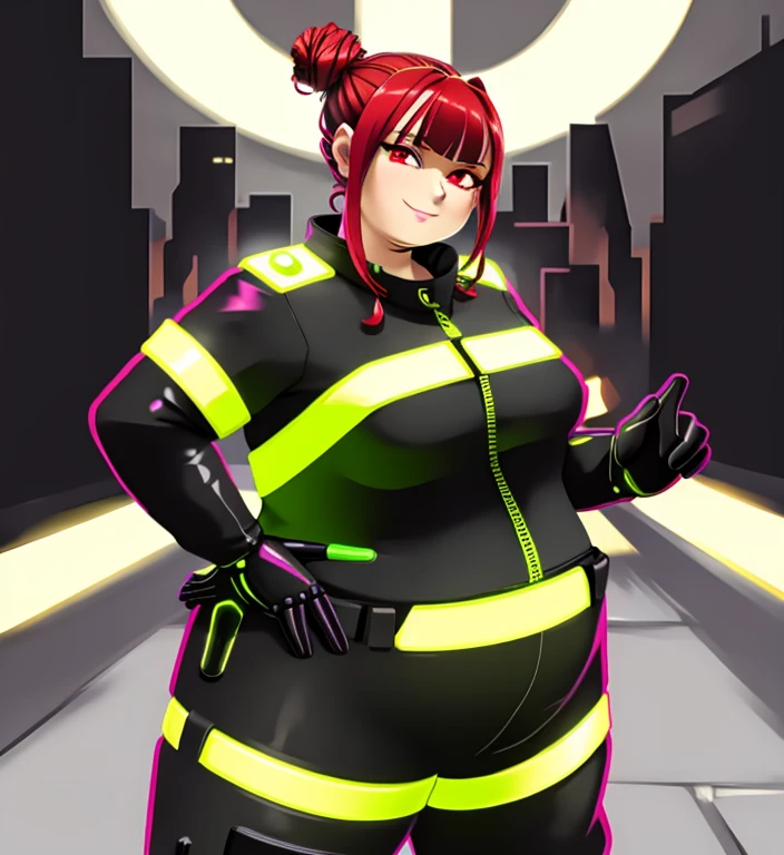 (high_aesthetic:1.3)
(solo, 1girl)
Mechanic jumpsuit
standing, cowboy shot
fat, (apple_shaped_body:1.2), belly)
red hair, tied back bun, red eyes
cyperpunk, city, neon signs
smile, looking at viewer