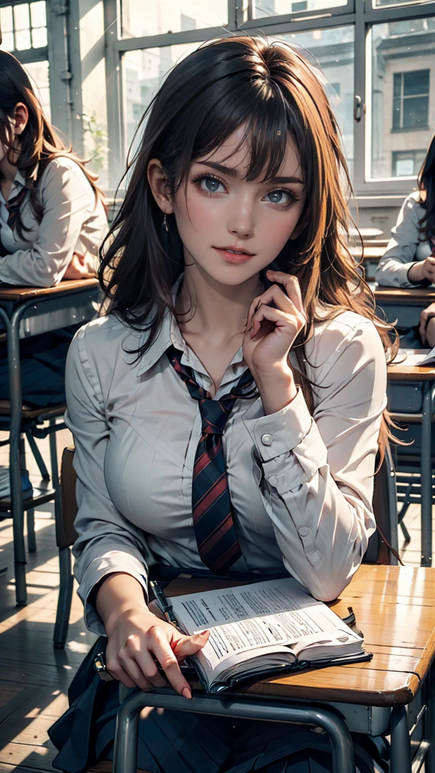 masterpiece, Highest quality, One girl, View your viewers, one piece,, Nami OP, , School, School desk,, alone,
