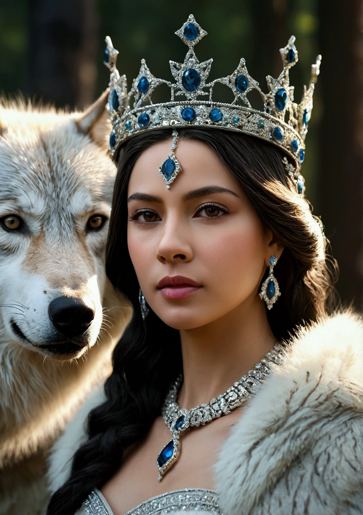 Masterpiece, beautiful queen, Wear a Jewelry Crown, along with a large Siberian wolf, oak forest, high resolutionที่ความละเอียด 4k, Sharp focus, With extremely detailed faces and realistic visual styles., Highly detailed face, Highly detailed skin, high resolution, Realistic photos, movie light, depth of field, Bokeh