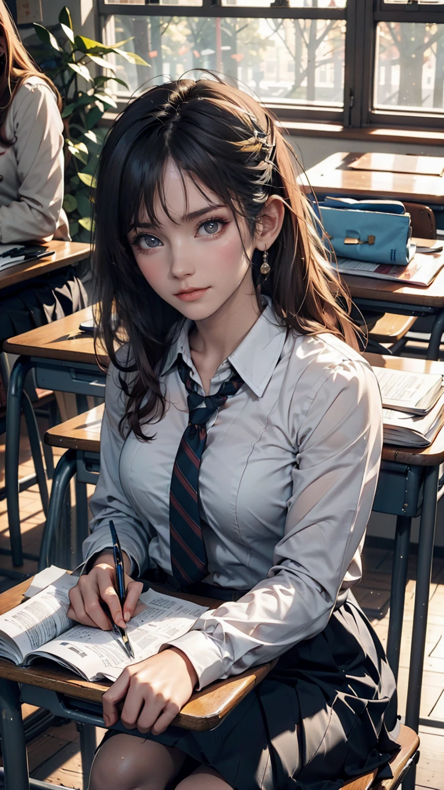 masterpiece, Highest quality, One girl, View your viewers, one piece,, Nami OP, , School, School desk,, alone,