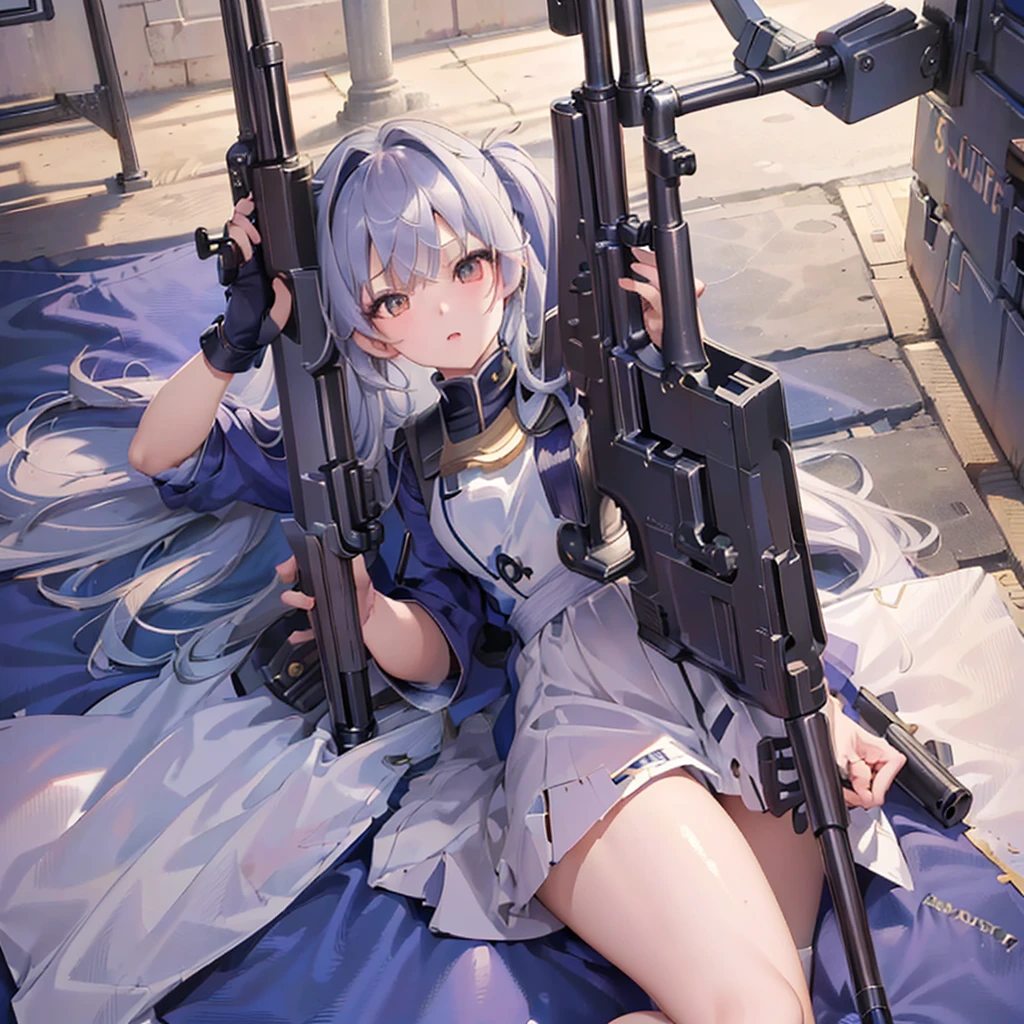 1girl、(((Highest quality、Masterpiece、Official Art、The best dynamic composition、Super detailed)))、Anime Style、Creative outfits、、Unique and original hairstyle、 holding_gun、QBU10,Sniper high school girl、Black Sailor Suit、He is lying down, holding his gun and peering down the sights.、To the audience