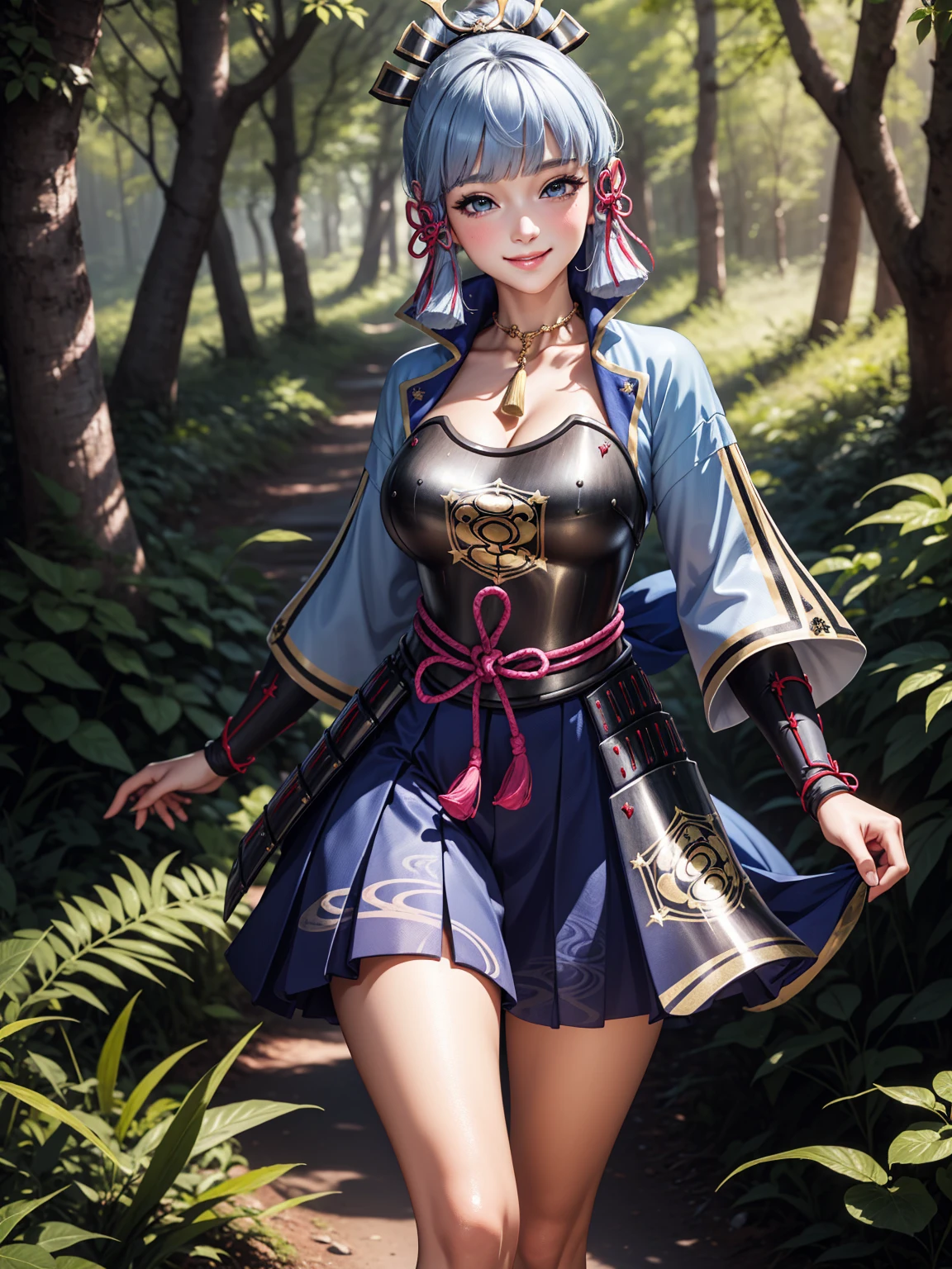 (Kamisatoayakadef), slim body, narrow waist, blush, official art, detail eyes, cg, standing, forest, (expansive landscape photography:1.2),perfect body, smile, colourfull, (huge breasts)