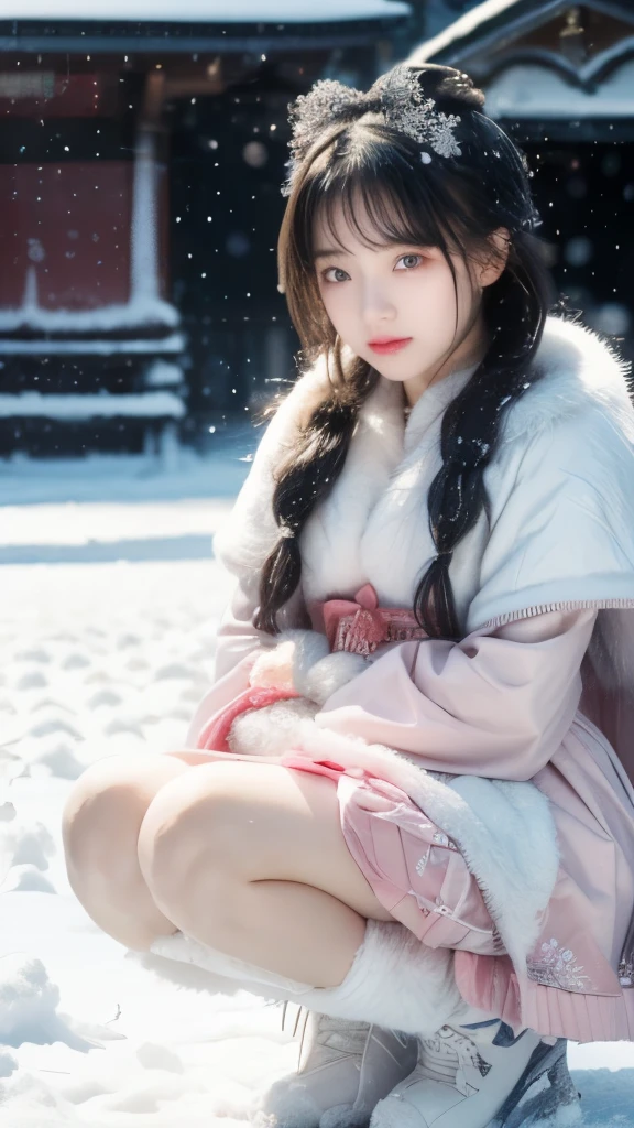 (8K, best quality, master, Ultra-high resolution:1.2) Beautiful photo of a  girl in Japan，Smile， (melancholy winter snow:1.4)，(Beautiful vivid Lolita dress)，Strong wind，(Looking at the audience)，Squatting and sitting，Long hair，fur cape