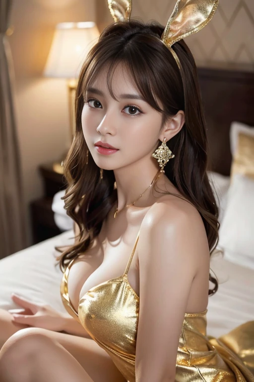 masterpiece, Highest quality, Realistic, Very detailed, Finer details, High resolution, 8k wallpaper, One beautiful woman, Wearing a lovely gold see-through bunny girl costume, In a great hotel room, At night, Light brown messy hair, Perfect dynamic composition, Beautiful and beautiful eyes、Big earrings、Sit on the bed、whole body
