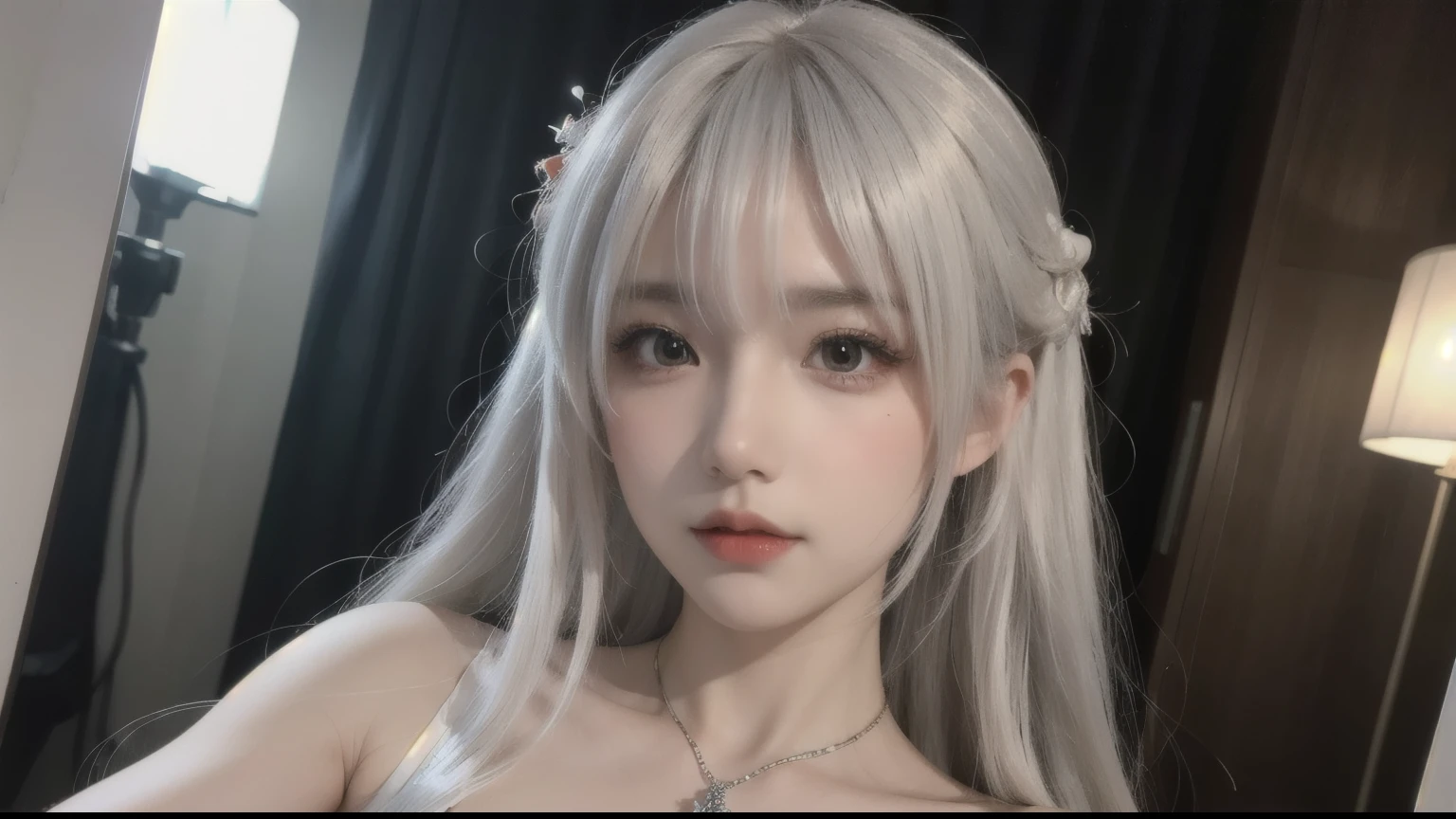 ((Best Quality)), ((masterpiece)),,((ultra detailed)), Extremely detailed CG, , (an extremely delicate and beautiful), 1 girl, Alone, ((beautiful face)),(beautiful detailed eyes), Red eyes,by white, shiny hair, colored inner hair,ice rose,Ice hair decorations,Garnish,, [ice glass],, glass,((by the floating)), ((caustic)),((tied hair))"A young woman with wavy by white, in a fitting room, wearing a cosplay, complete body.