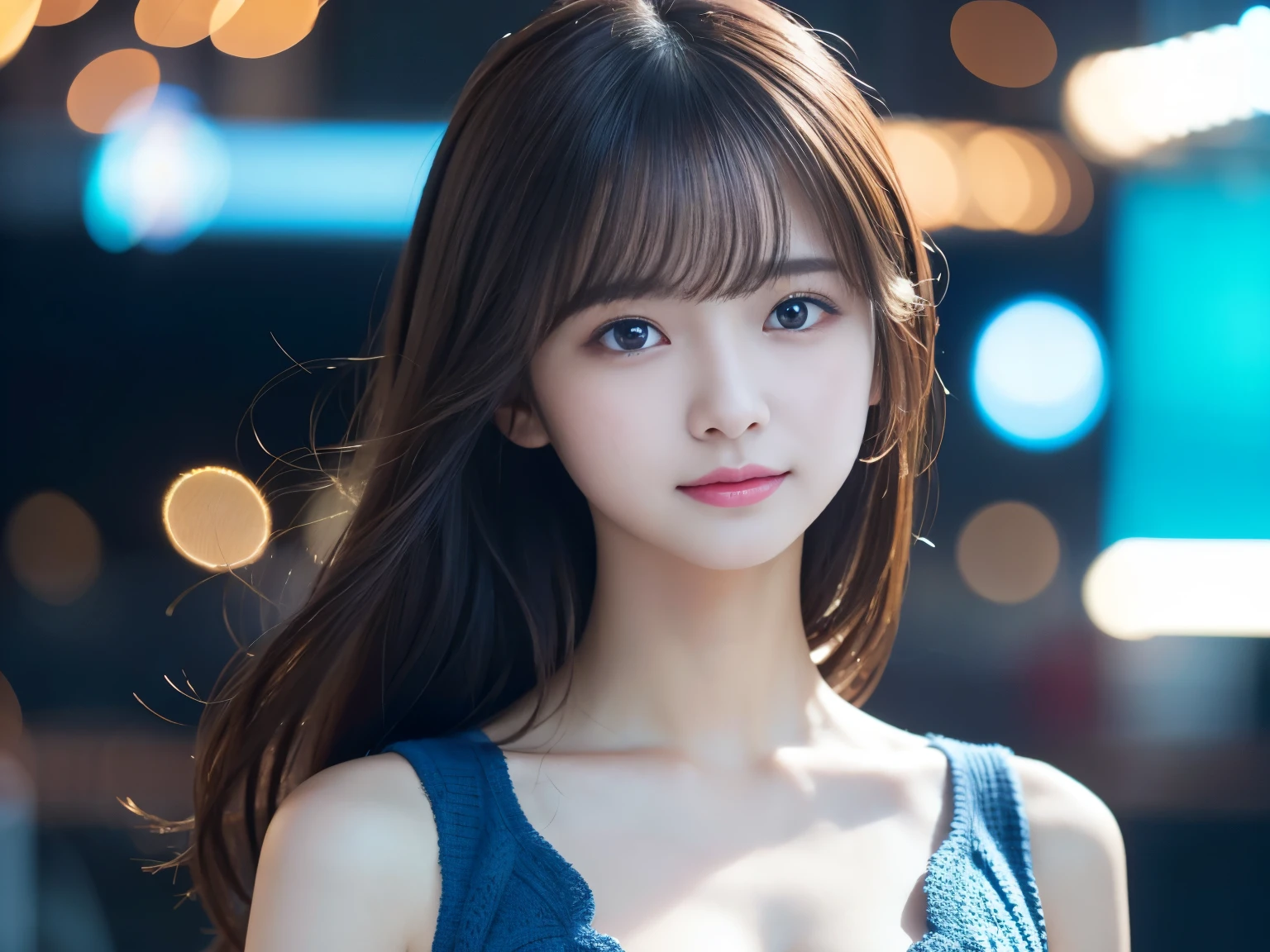 The pieces fly、Highest quality、figure、 Very detailed、The finer details、 High resolution、8K デンデ wallpaper、完璧なダイナミックな構figure、24 year old beautiful girl、clear、Detailed beautiful face、Beautiful, detailed eyes、Textured skin、A faint smile、Small breasts、Knit dress、Neon lights、Blue background、Sparkling Bokeh