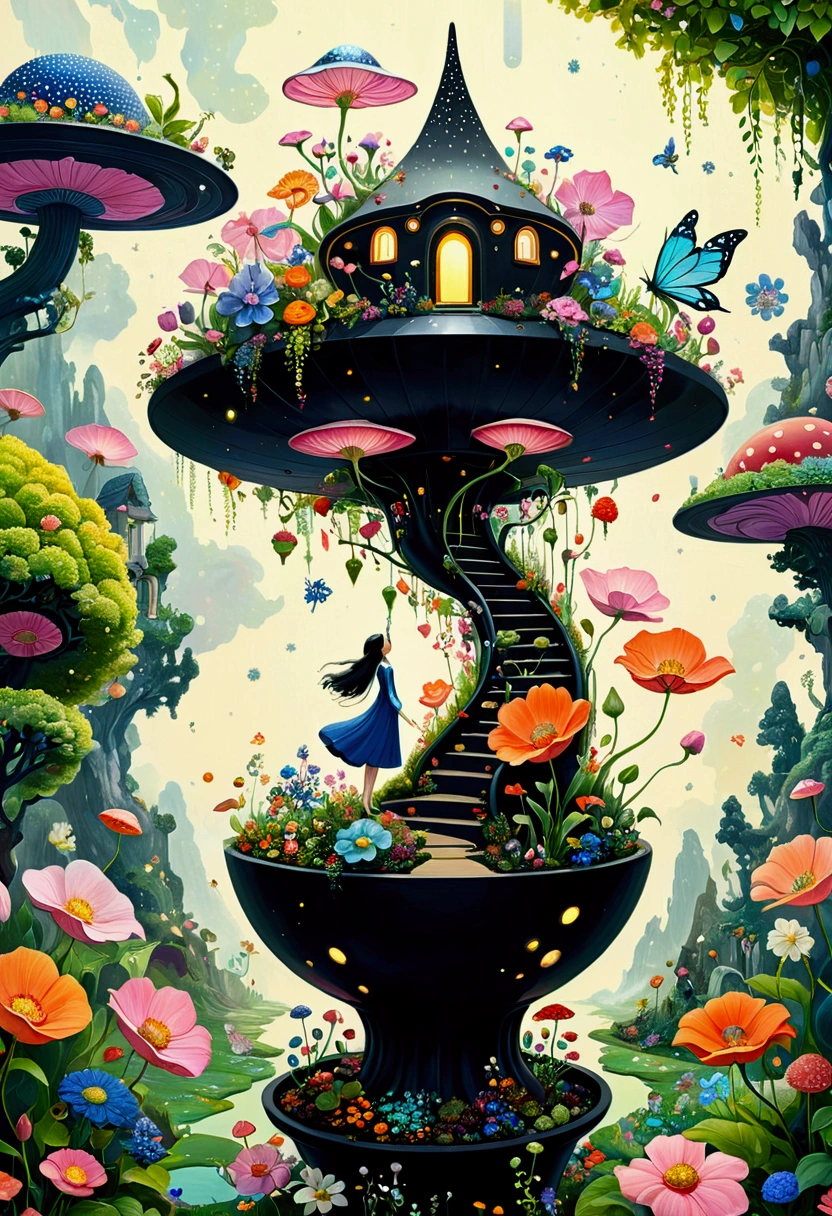 Artists from the stars，Psychedelic Art，Pointillism method，Colorful black，There is a painting，There is a fairy in a flower pot in the painting, Whimsical fantasy landscape art, A beautiful artistic illustration, 异想天开的Surrealism, Color illustrations, very surreal garden, 神奇的Surrealism, lush garden spaceship, Shin Jin Hye Art, bloom. alta fantasia, author：Toth Wu, Affable ， Wenjun Lin, Surrealism, dreamy painting of coronavirus