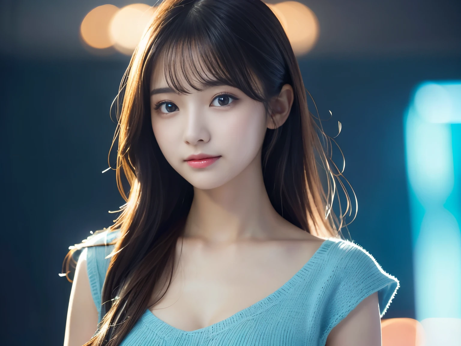 The pieces fly、Highest quality、figure、 Very detailed、The finer details、 High resolution、8K デンデ wallpaper、完璧なダイナミックな構figure、24 year old beautiful girl、clear、Detailed beautiful face、Beautiful, detailed eyes、Textured skin、A faint smile、Small breasts、Knit dress、Neon lights、Blue background、Sparkling Bokeh