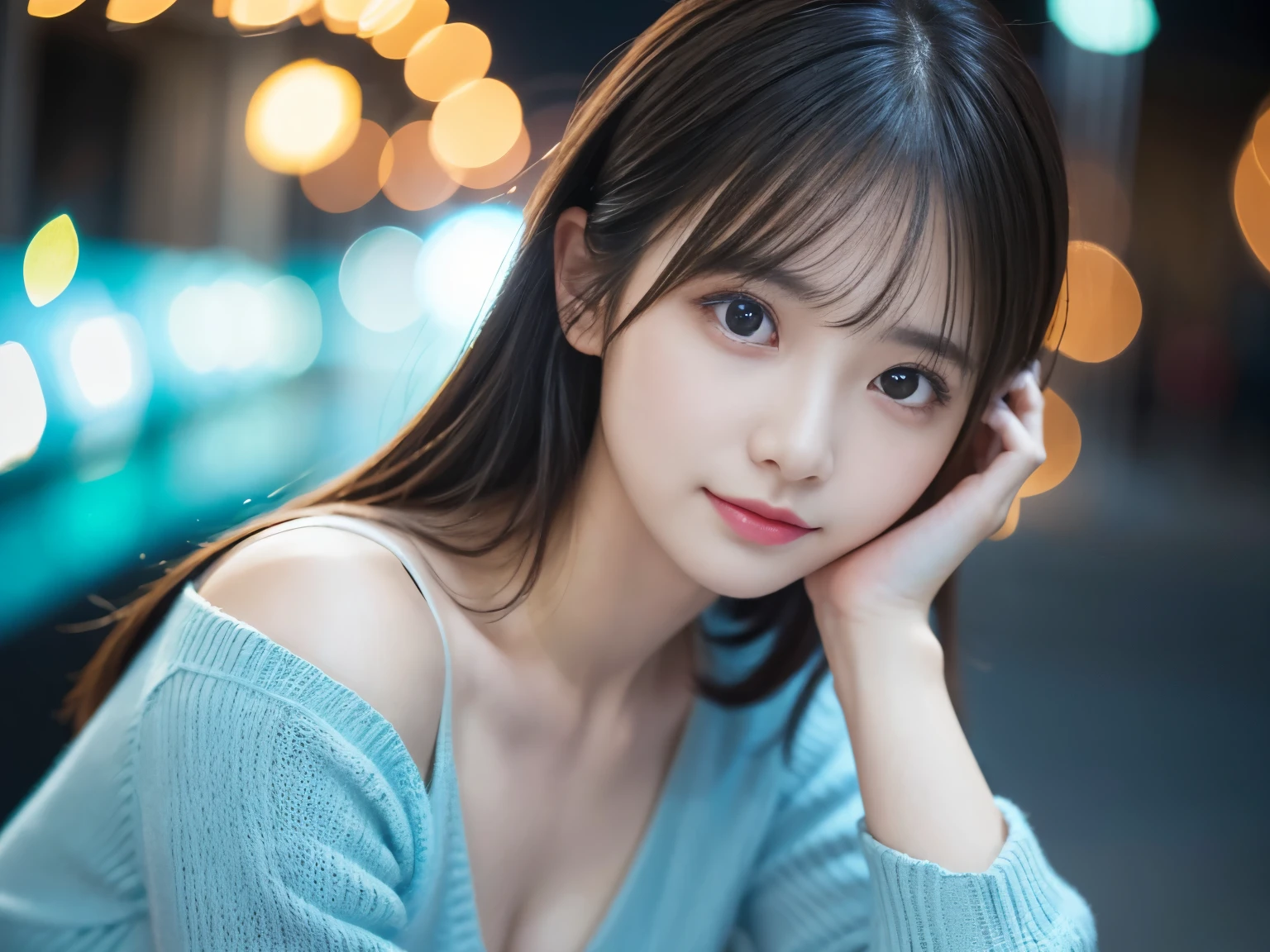 The pieces fly、Highest quality、figure、 Very detailed、The finer details、 High resolution、8K デンデ wallpaper、完璧なダイナミックな構figure、24 year old beautiful girl、clear、Detailed beautiful face、Beautiful, detailed eyes、Textured skin、A faint smile、Small breasts、Knit dress、Neon lights、Blue background、Sparkling Bokeh