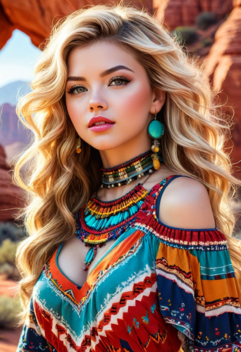 Beautiful boho women stunning merge of Masiela Lusha with colorful southwestern style dress. colorful southwestern earing and. jewelry blonde colored hair that is coarse, wiry, and tightly curled. It often has a rough texture, feels stiff to the touch, and may be prone to frizz and tangling. The curls can be densely packed. The Official Art – An Award-Winning Digital Masterpiece In 4K Ultra HD, Extreme Detail And Intricate Realism. symmetrical face. This Concept Art Brought To Life By The Hands Of Artists Like Wlop & Artgerm In A Stunning 2D Vector Illustration. large, perky, full, vuluptious, symmetrical and spherical breasts. Background is a beautiful panoramic vista of a red rock canyon.
