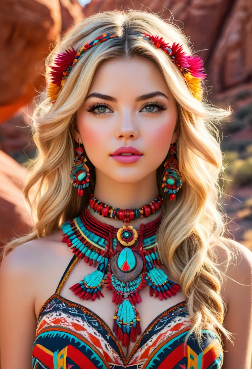 Beautiful boho women stunning merge of Masiela Lusha with colorful southwestern style dress. colorful southwestern earing and. jewelry blonde colored hair that is coarse, wiry, and tightly curled. It often has a rough texture, feels stiff to the touch, and may be prone to frizz and tangling. The curls can be densely packed. The Official Art – An Award-Winning Digital Masterpiece In 4K Ultra HD, Extreme Detail And Intricate Realism. symmetrical face. This Concept Art Brought To Life By The Hands Of Artists Like Wlop & Artgerm In A Stunning 2D Vector Illustration. large, perky, full, vuluptious, symmetrical and spherical breasts. Background is a beautiful panoramic vista of a red rock canyon.