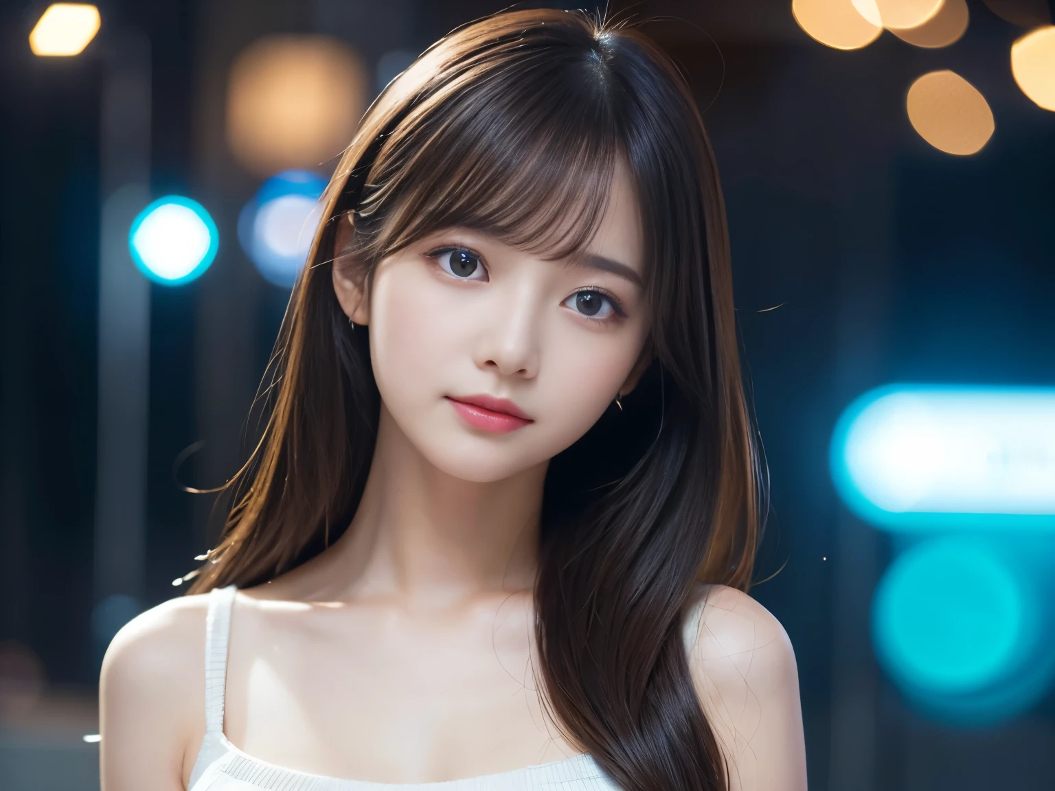 The pieces fly、Highest quality、figure、 Very detailed、The finer details、 High resolution、8K デンデ wallpaper、完璧なダイナミックな構figure、24 year old beautiful girl、clear、Detailed beautiful face、Beautiful, detailed eyes、Textured skin、A faint smile、Small breasts、Knit dress、Neon lights、Blue background、Sparkling Bokeh