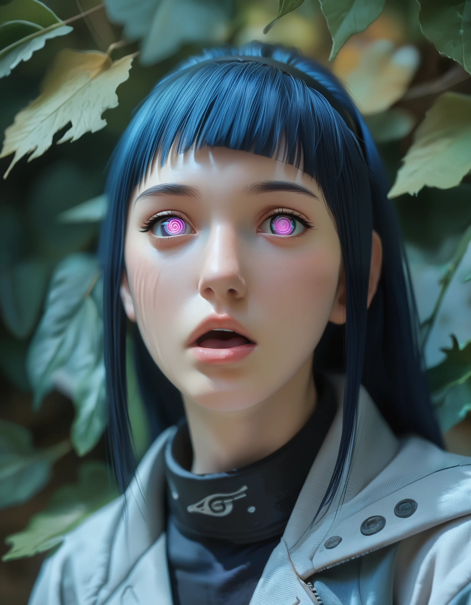 Digital artwork featuring a young woman Hinata with long, flowing dark blue hair and fair skin. She has large, expressive lavender eyes and a slightly open mouth, giving her a thoughtful expression. She is wearing a light grey jacket over a black mesh top, and a metal headband with a spiral symbol on it. The background is a soft blend of blue and white, with green leaves floating around her. The artist's signature is present in the bottom left corner, in a blue font: 'ART(C)SAKIMICHAN.DEVIANTART. anime, anatomically correct, super detailed, high quality, 4K, high details, super detailed, 4k