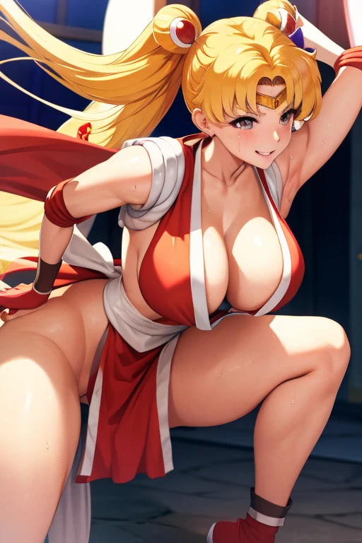 masterpiece, best quality, beautiful art, high resolution, well formed hands, body and fingers, 1 woman, solo, sailor moon , adult, grown up, twin tails, blonde, large and round breasted, cleavage, full body, , sexy sailor senshi uniform, , red boots, gorgeous hips, legs and thighs, blond, white elbow gloves, sailor collar, tiara, earring ,adult, grown up, cosplaying as Mai Shiranui , mai_shiranui_cosplay, adult, large and round breasted, cleavage, full body , hair ribbon, gorgeous legs and, thighs, sexy Japanese clothes, hair ornament , sexy legs , hips and thighs, dancing seductively and erotically, turning backwards and forwards, shaking her body alluringly, smiling joyfully, sweating ,looking at the viewer, bouncing breasts, sweating, flirting, biting her lips, beach environment