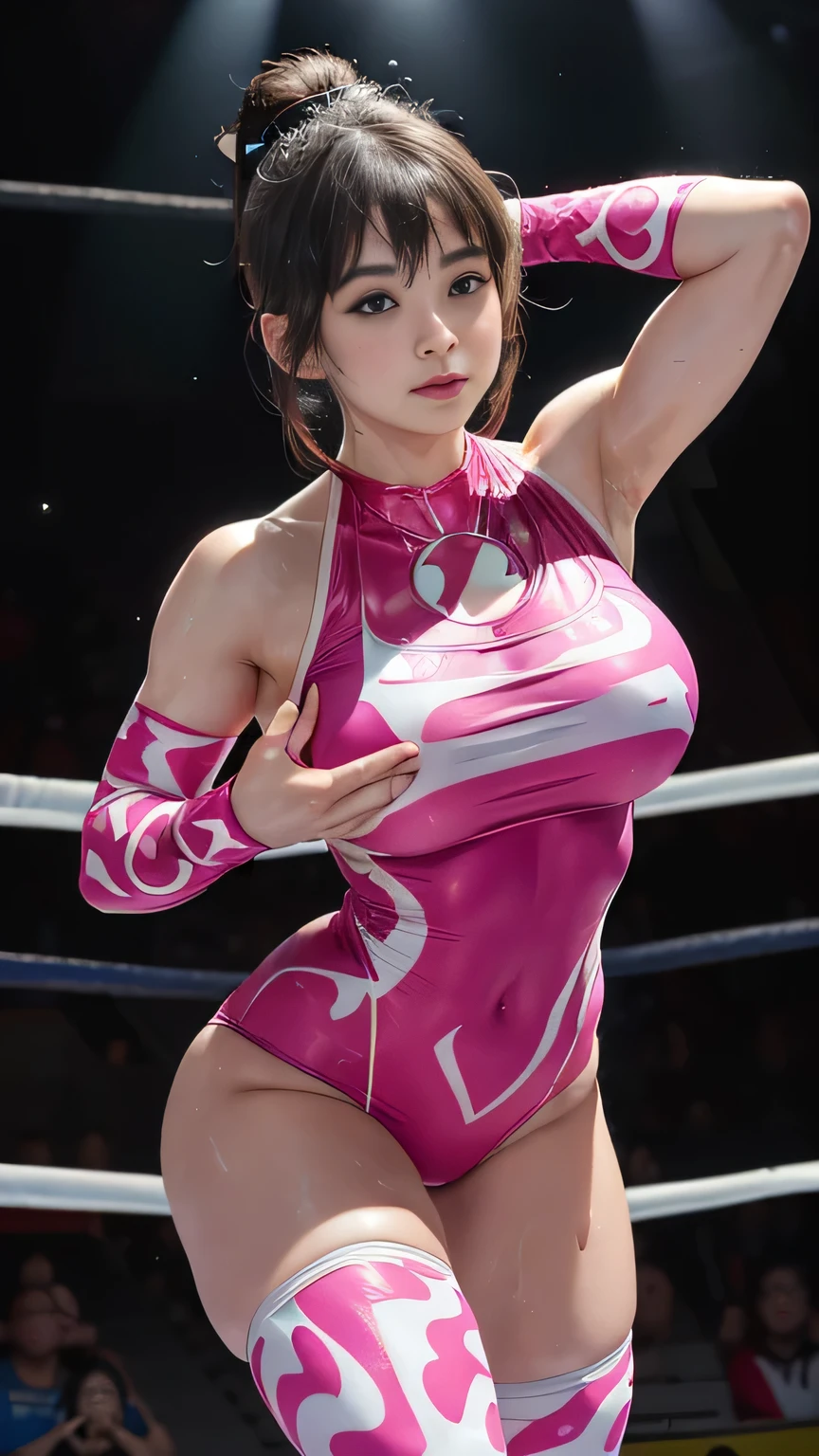 Female wrestling pose、smile、((On the ring))、((Spotlight))、(((Large wrestling venue)))、((Super big breasts))、((Saggy breasts)、((Super tight uniform))、Wristband、(((A flashy costume with a bizarre pattern)))、((Elbow Support))、((Knee support))、Taping on fingers、Your abs are in full view、Bikini Style、Hairstyle with bangs、((Sweat))、((Match venue))、Very beautiful、((Female Athletes))、(Detailed face)、Realな肌、((Delicate photo))、(Girl&#39;s masterpiece RAW photo details:1.25)、(Highest quality:1.6)、(Ultra-high resolution:1.5)、(Real:1.75)、8k resolution、Canon EOS R5、50mm、Absurd、Super detailed、Cinema Lighting、