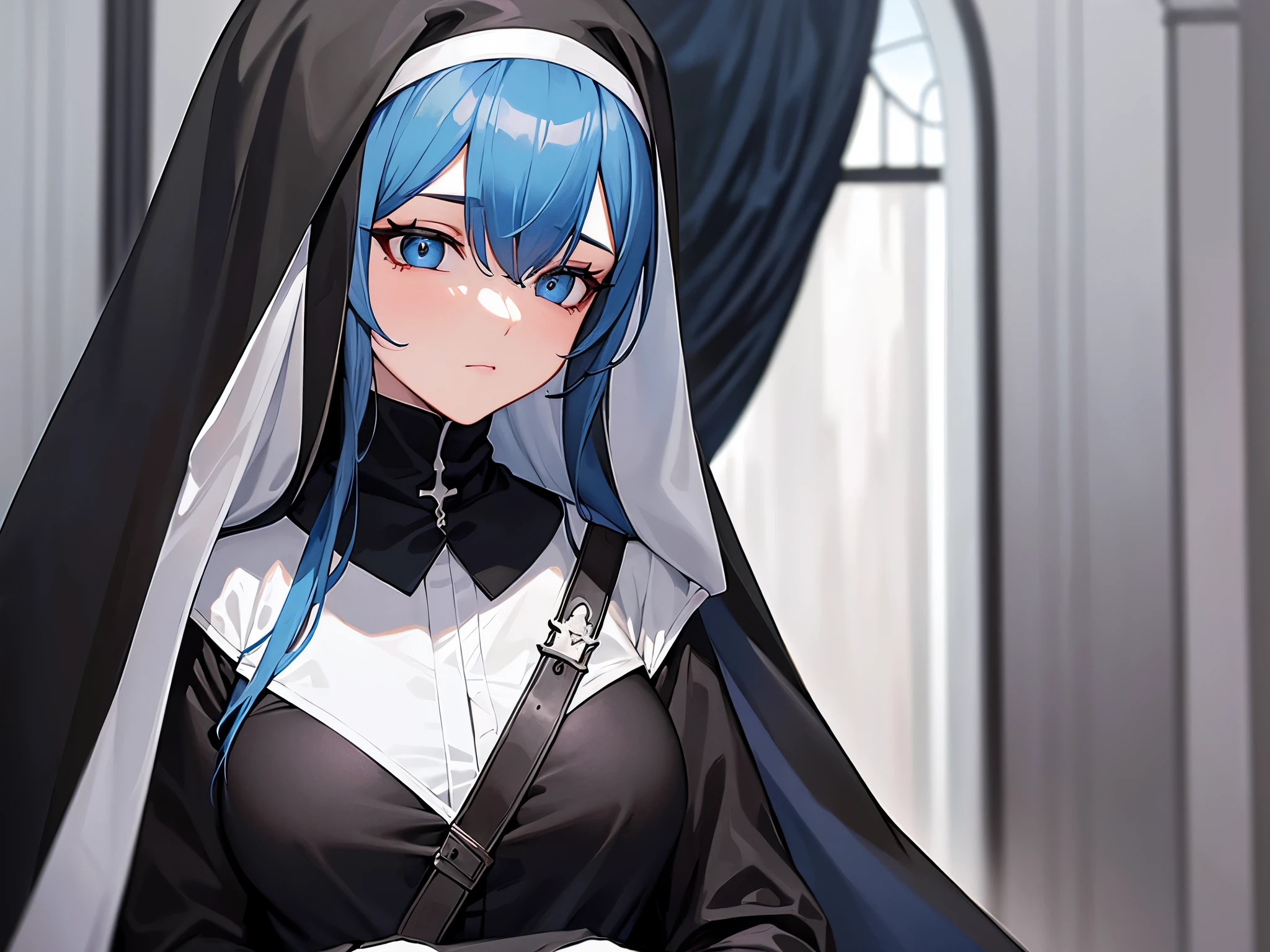 High definition, lady, solo, black nun outfit, loose outfit, prim, long veil, perfect face, elegant, (topaz blue hair: 1.2), proper pose, interior backgroud, guweiz, detailed