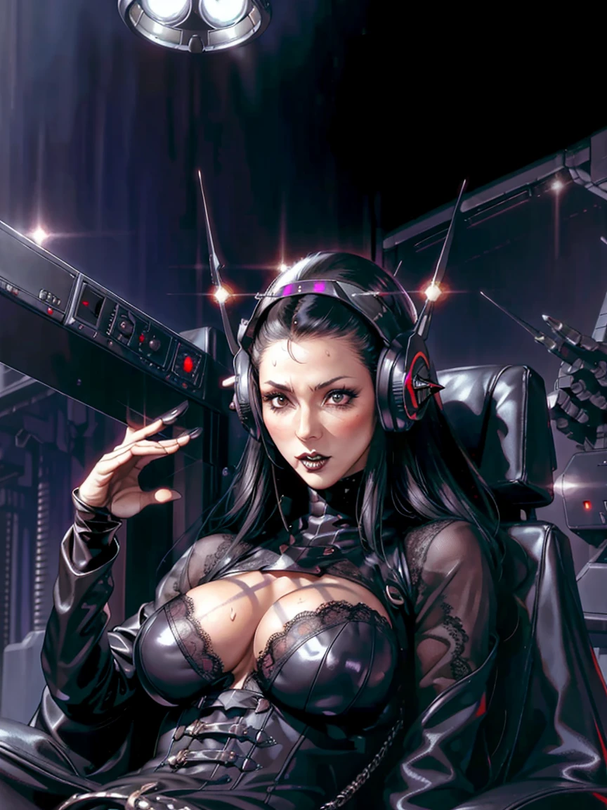 (((gothic vampire piloting) in gothic spacecraft)), (((retro anime))), ((from below)), ((120 fov)), ((((gothic)) control panels)), (((mature))), (((gothic))), (iridescent) bodysuit, ((((lace accessories)))), ((pilot seat)), ((((lying back)) pose)), (((elegant))), (((serious tone))), ((cockpit top control panel)), intricate control panel details, close-up, 1990s (style), masterpiece, ((claustrophobic)), best quality, screens, ((pilot helmet)), night, ((low key light)), (colorful cockpit lights), sparkles, (dramatic lighting), sweat, [blushing], [[pointy ears]], (dark background)