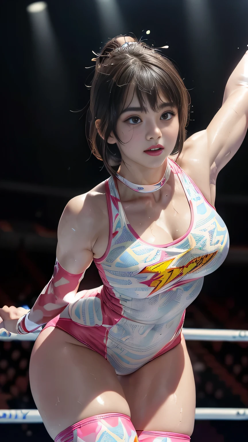Female wrestling pose、smile、((On the ring))、((Spotlight))、(((Large wrestling venue)))、((Super big breasts))、((Saggy breasts)、((Super tight uniform))、Wristband、(((A flashy costume with a bizarre pattern)))、((Elbow Support))、((Knee support))、Taping on fingers、Your abs are in full view、Bikini Style、Hairstyle with bangs、((Sweat))、((Match venue))、Very beautiful、((Female Athletes))、(Detailed face)、Realな肌、((Delicate photo))、(Girl&#39;s masterpiece RAW photo details:1.25)、(Highest quality:1.6)、(Ultra-high resolution:1.5)、(Real:1.75)、8k resolution、Canon EOS R5、50mm、Absurd、Super detailed、Cinema Lighting、